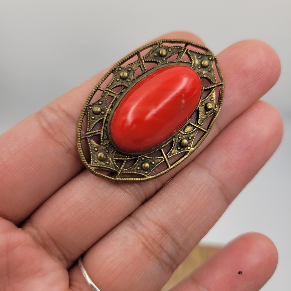 Vintage Mid Century Brass Filigree Oval Brooch Large Red Cabochon Safety Clasp